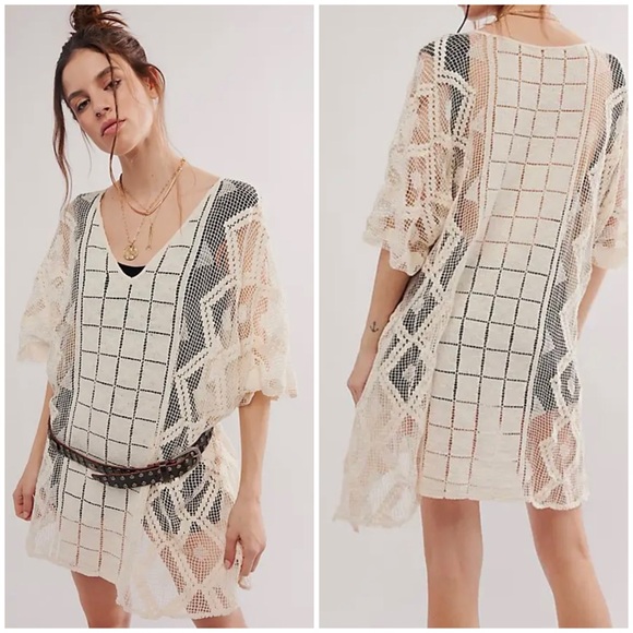 Free People Boho Crochet Kaftan Cover-Up White Cream One Size NEW - Picture 3 of 16